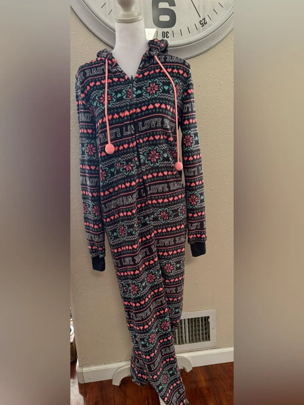 SO juniors Fleece One-Piece Pajamas - Black, Pink & Teal Snowflake Print